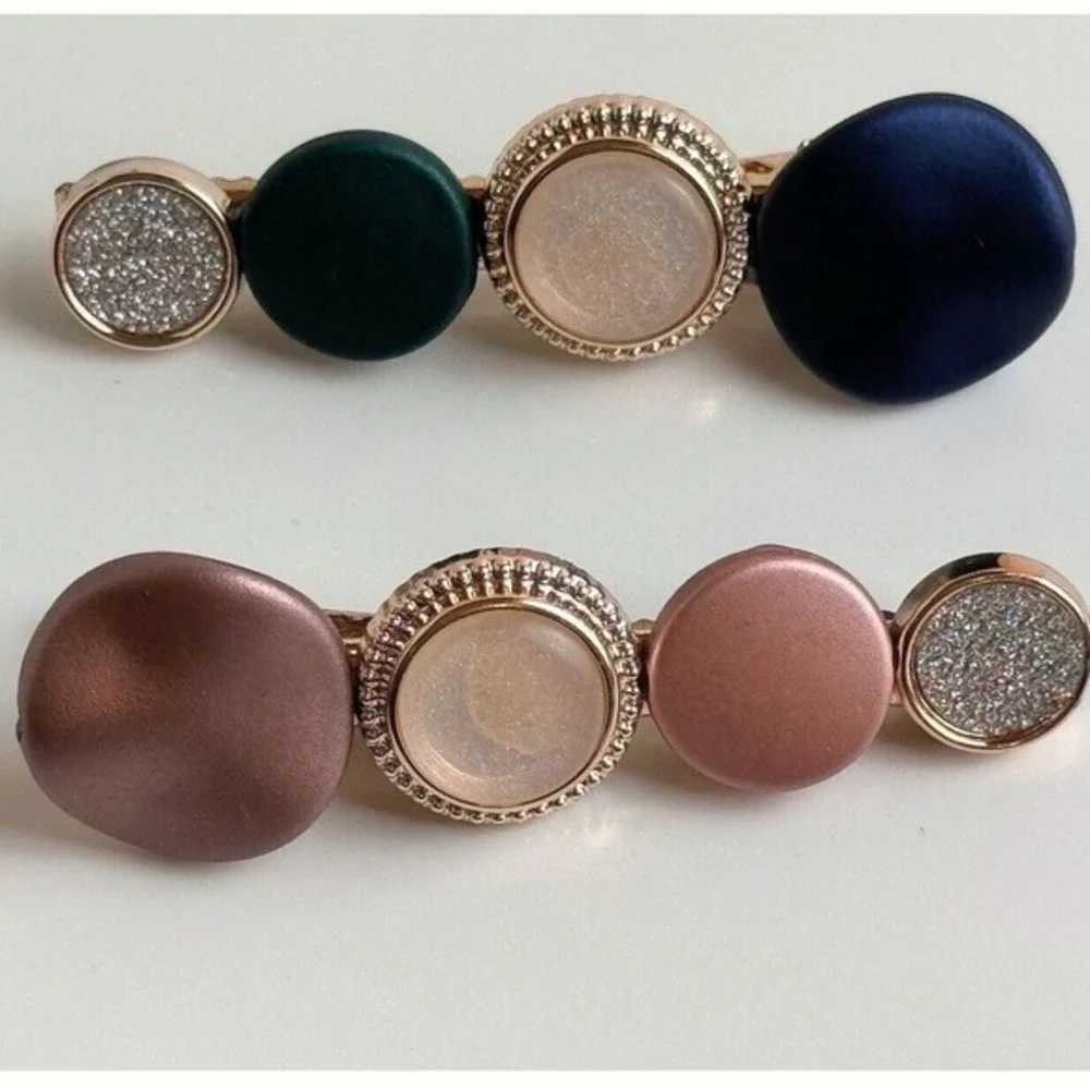 Set Multi Color Stone Gold Tone Alligator Hair Clips Navy Green Bronze Mauve J-0